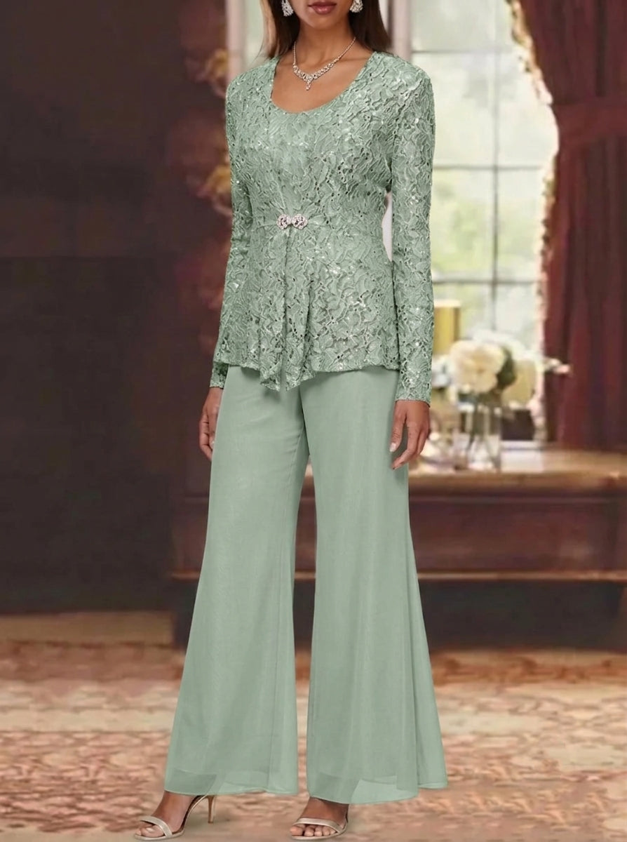 3 Pieces Scoop Lace Mother of the Bride Pantsuits with Jacket Long Sleeves Ankle-Length
