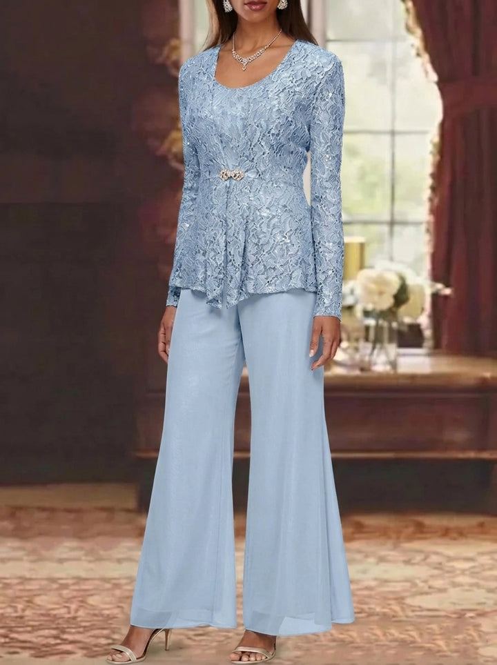 3 Pieces Scoop Lace Mother of the Bride Pantsuits with Jacket Long Sleeves Ankle-Length