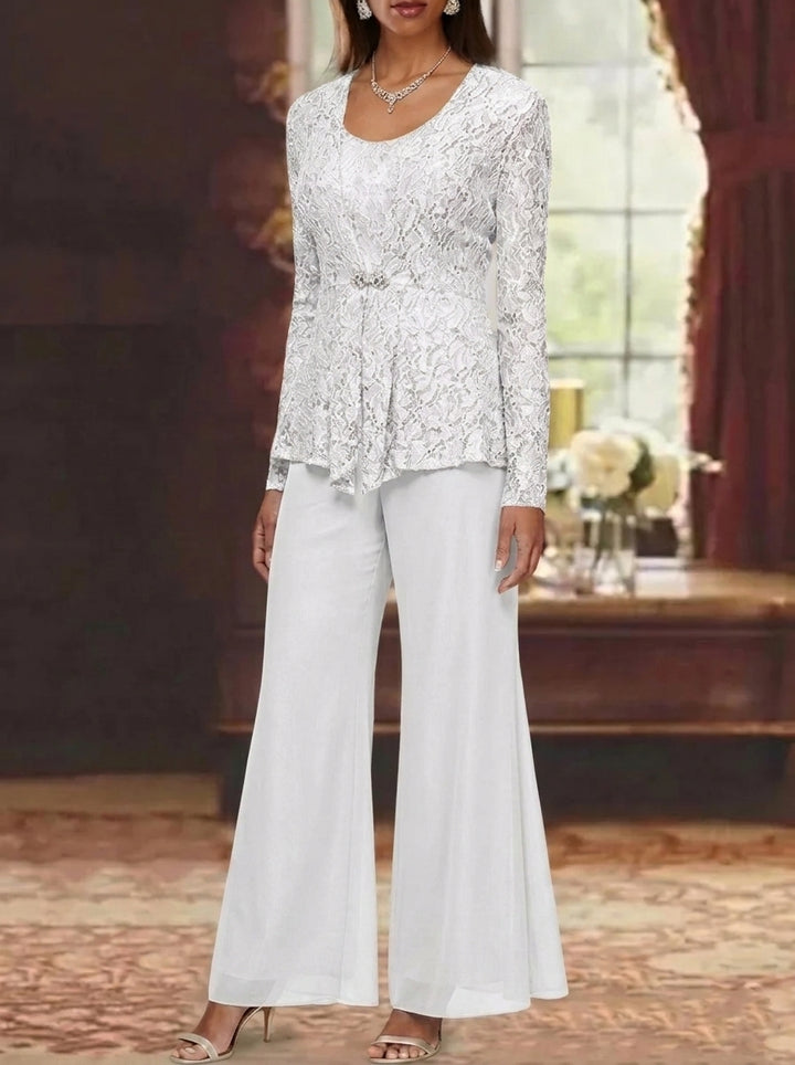 3 Pieces Scoop Lace Mother of the Bride Pantsuits with Jacket Long Sleeves Ankle-Length