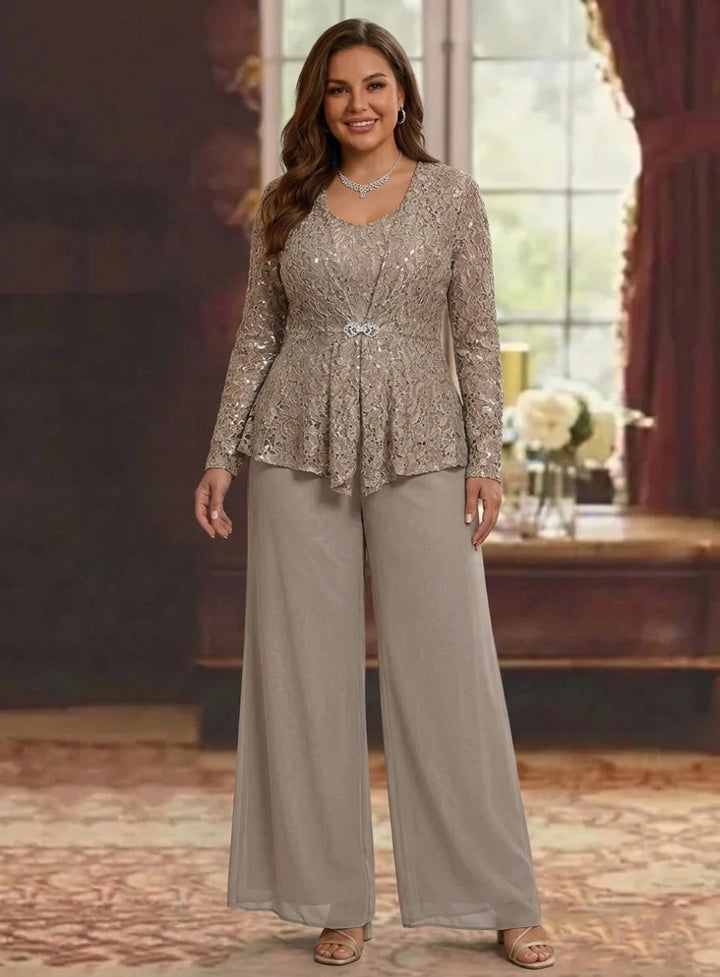 3 Pieces Scoop Lace Plus Size Mother of the Bride Pantsuits with Jacket Long Sleeves Ankle-Length