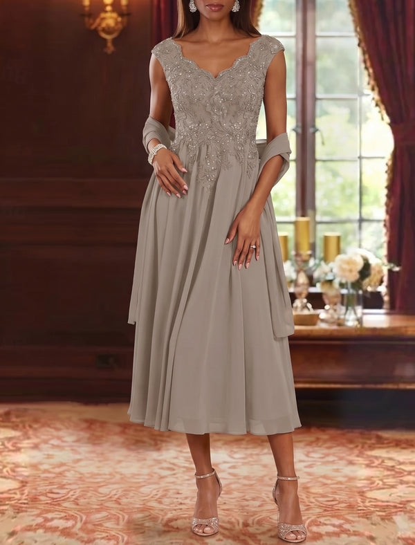 A-Line/Princess V-Neck Chiffon Mother of the Bride Dresses with Wrap Tea-Length Sleeveless Lace Floral