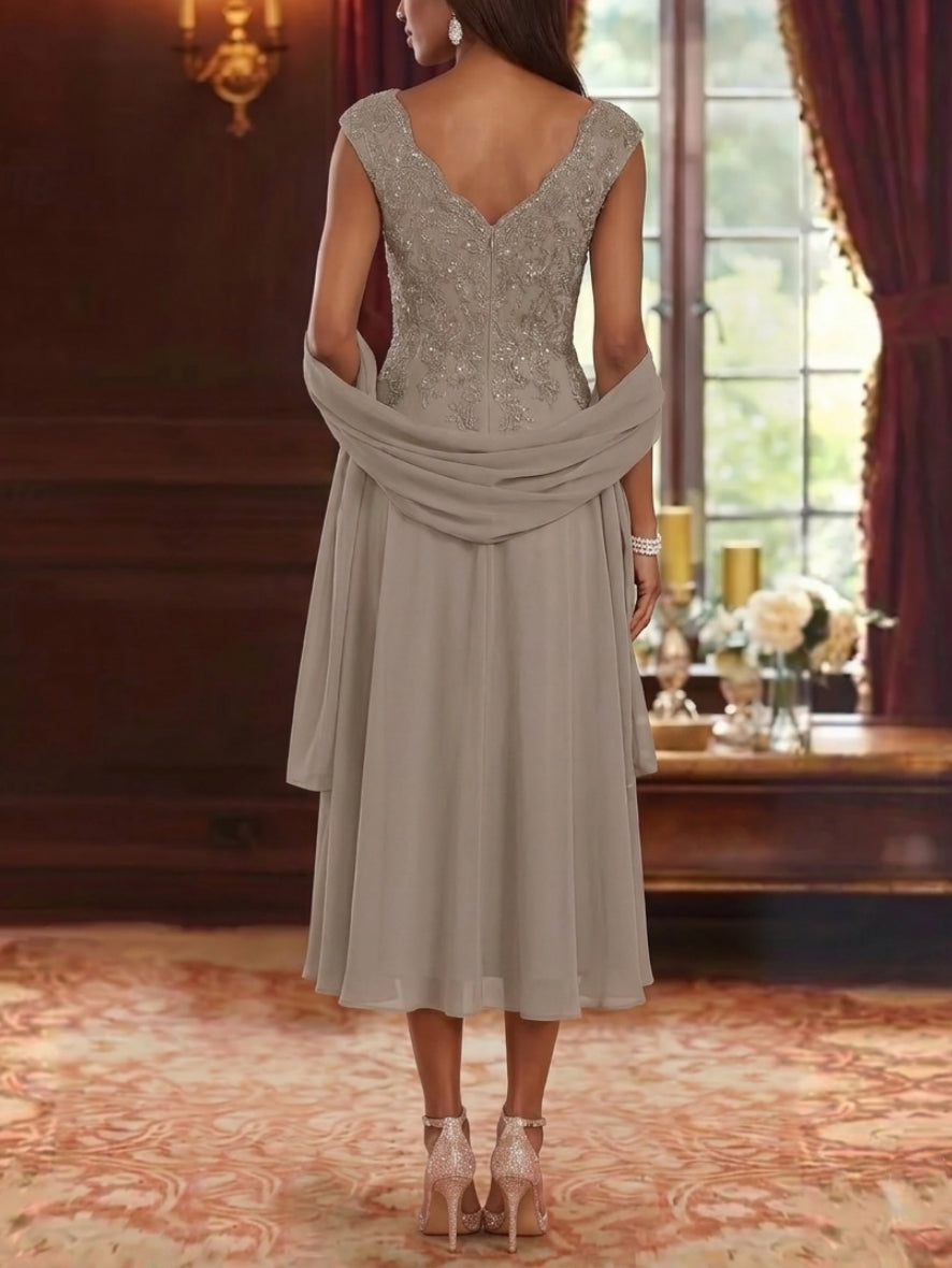 A-Line/Princess V-Neck Chiffon Mother of the Bride Dresses with Wrap Tea-Length Sleeveless Lace Floral