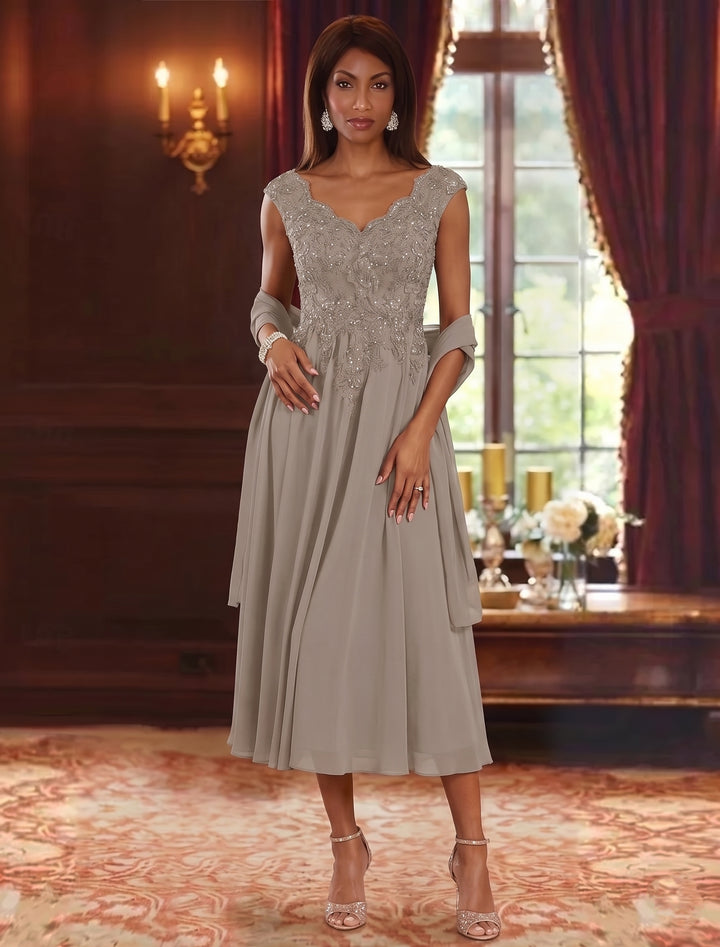 A-Line/Princess V-Neck Chiffon Mother of the Bride Dresses with Wrap Tea-Length Sleeveless Lace Floral