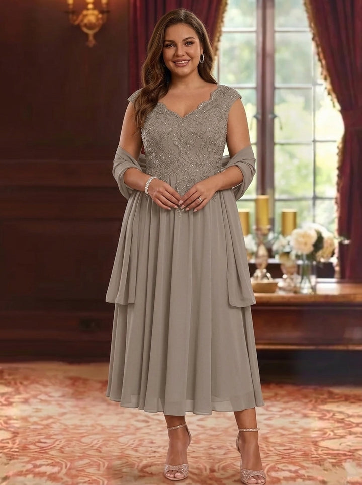 A-Line/Princess V-Neck Chiffon Plus Size Mother of the Bride Dresses with Wrap Tea-Length Sleeveless Lace Floral