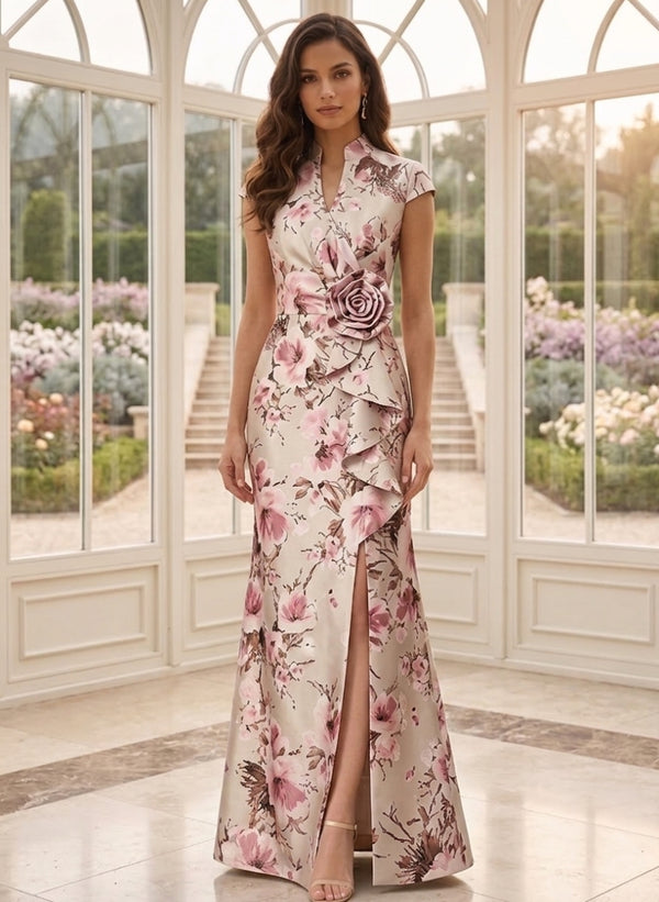A-Line/Princess V-Neck Printed Satin Mother of the Bride Dresses with Split Side Cap Sleeves Floor-Length 3D Flower Floral