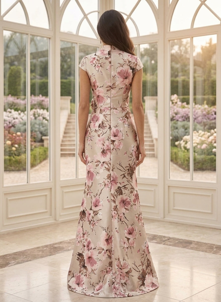 A-Line/Princess V-Neck Printed Satin Mother of the Bride Dresses with Split Side Cap Sleeves Floor-Length 3D Flower Floral