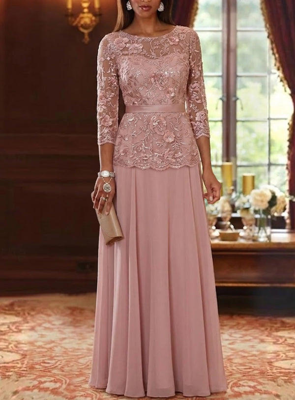 A-Line/Princess Scoop Chiffon Mother of the Bride Dresses Floor-Length 3/4 Sleeves Lace Floral