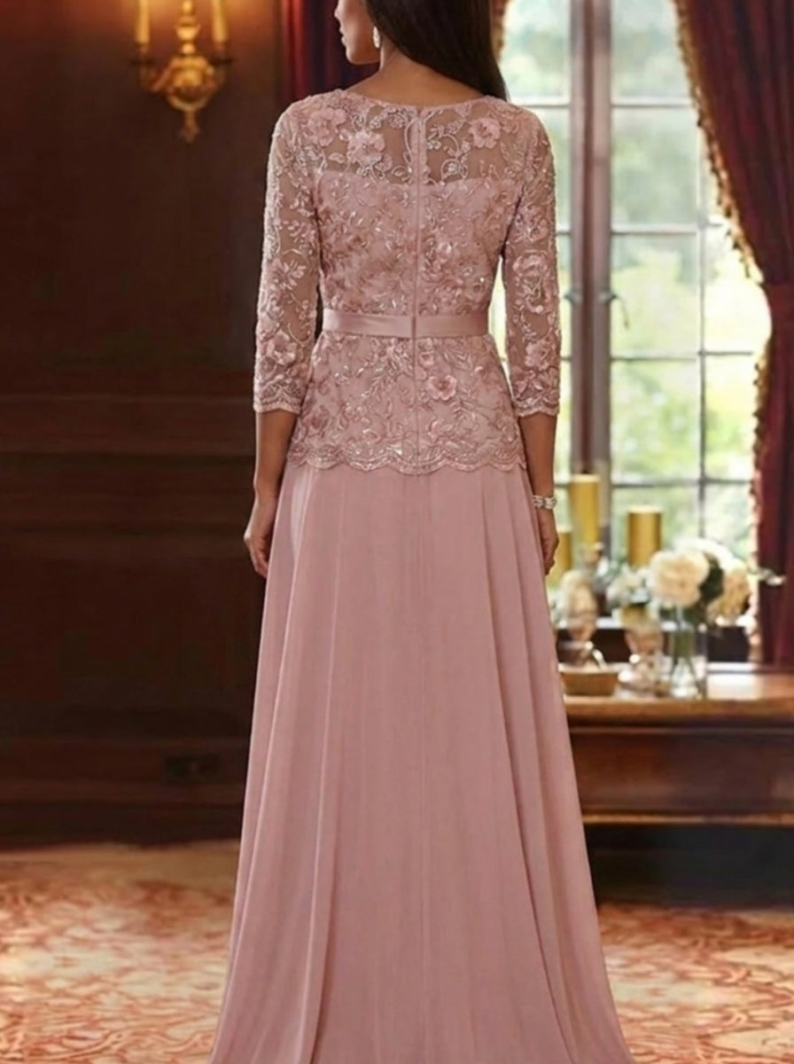 A-Line/Princess Scoop Chiffon Mother of the Bride Dresses Floor-Length 3/4 Sleeves Lace Floral
