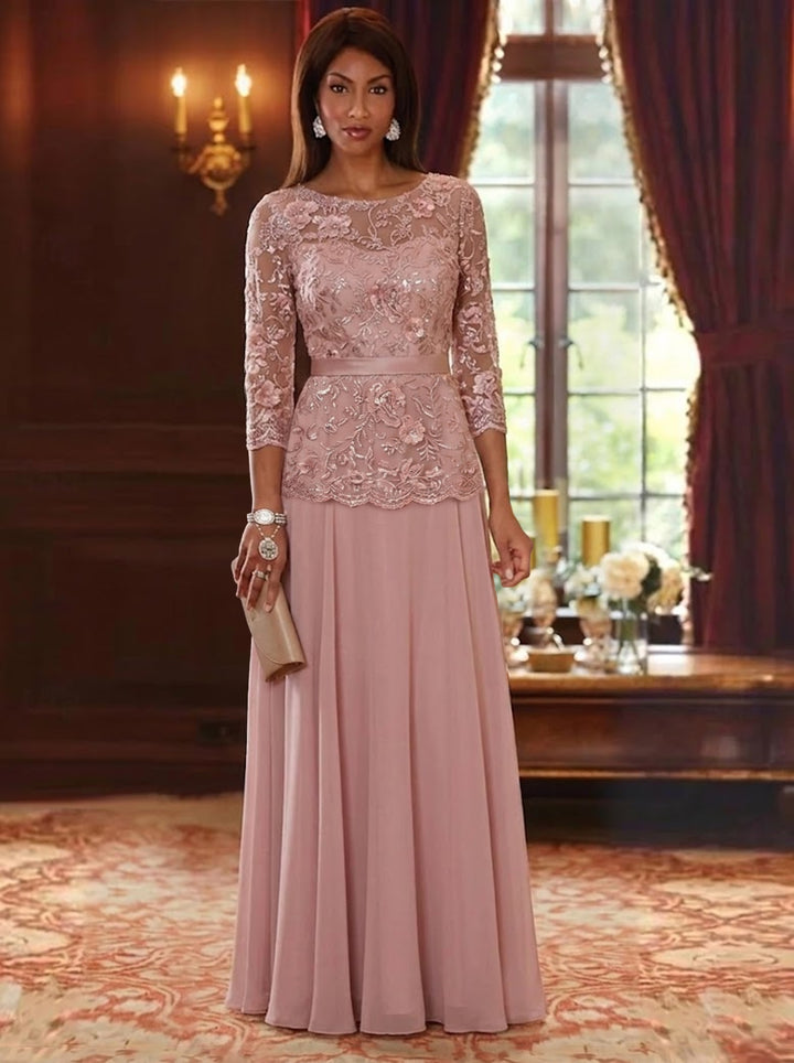 A-Line/Princess Scoop Chiffon Mother of the Bride Dresses Floor-Length 3/4 Sleeves Lace Floral