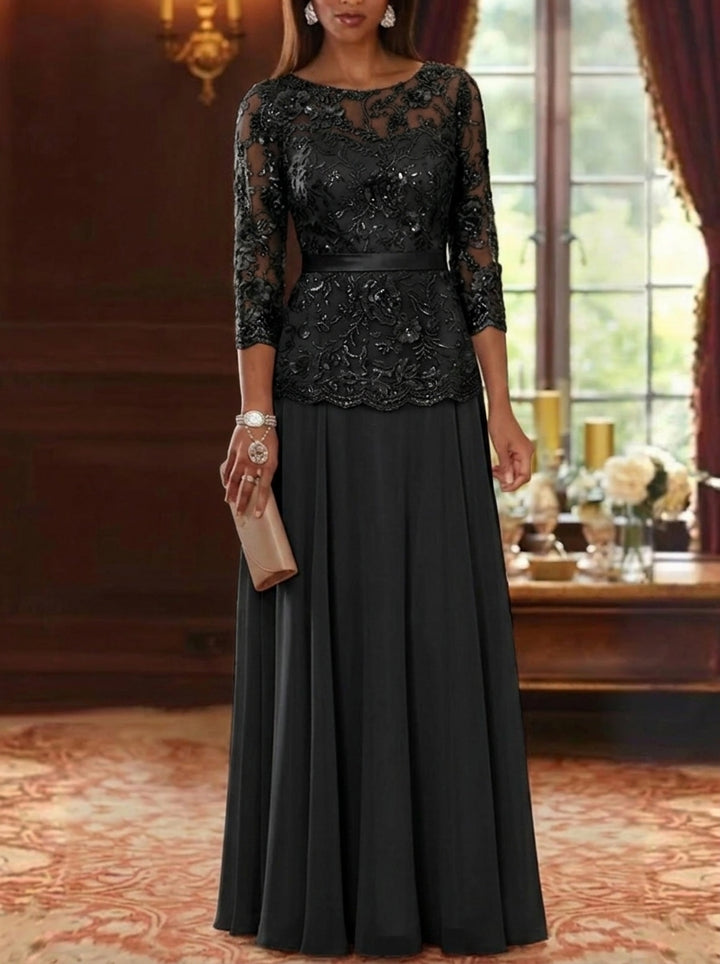 A-Line/Princess Scoop Chiffon Mother of the Bride Dresses Floor-Length 3/4 Sleeves Lace Floral