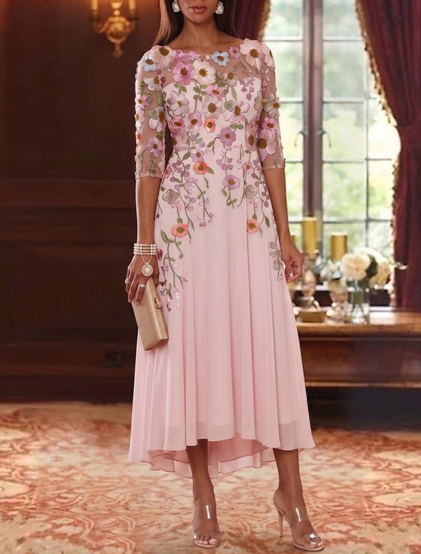 A-Line/Princess Scoop Chiffon Mother of the Bride Dresses Floral Asymmetrical Tea-Length 3/4 Sleeves