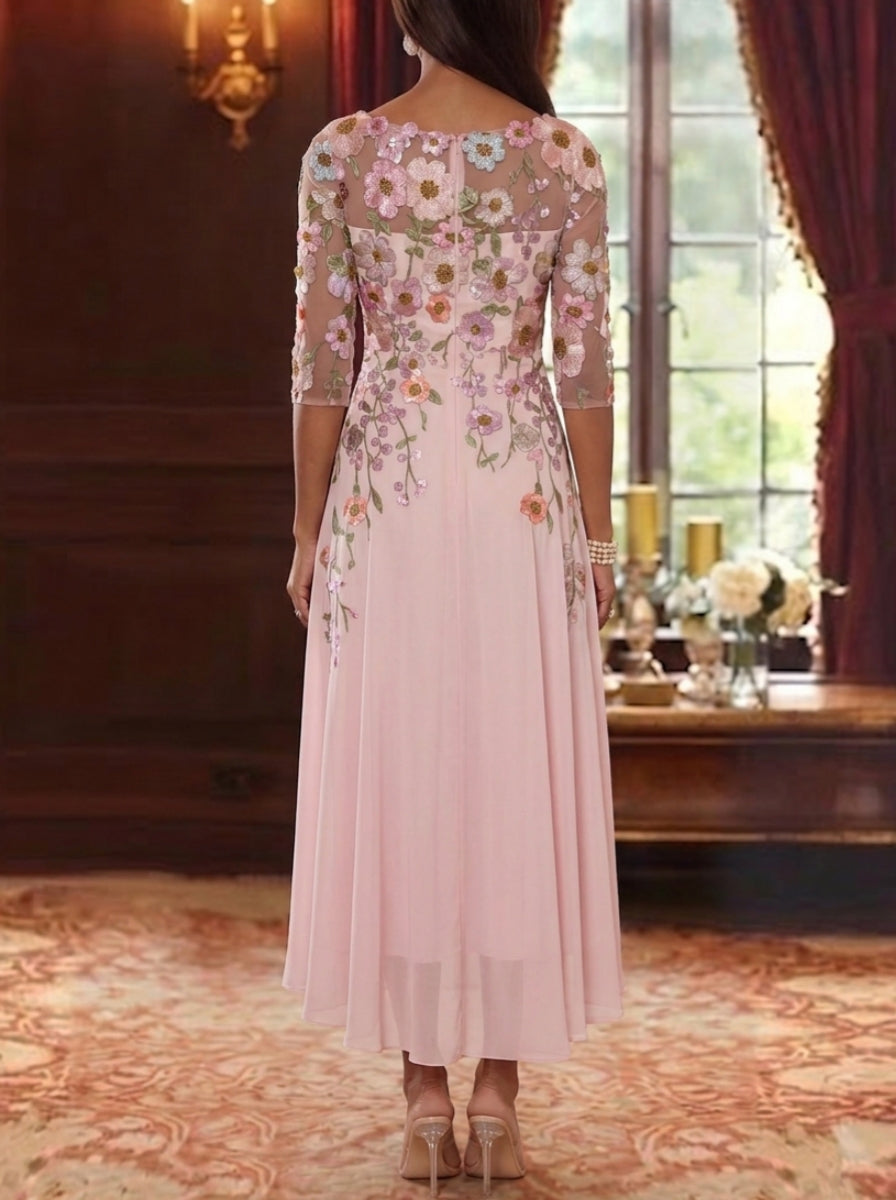 A-Line/Princess Scoop Chiffon Mother of the Bride Dresses Floral Asymmetrical Tea-Length 3/4 Sleeves