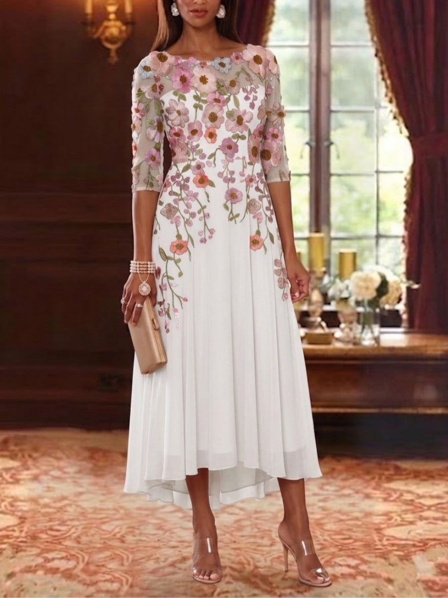 A-Line/Princess Scoop Chiffon Mother of the Bride Dresses Floral Asymmetrical Tea-Length 3/4 Sleeves