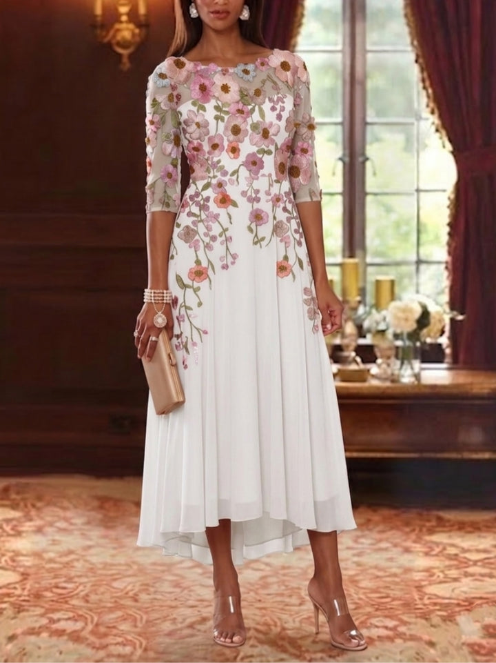 A-Line/Princess Scoop Chiffon Mother of the Bride Dresses Floral Asymmetrical Tea-Length 3/4 Sleeves