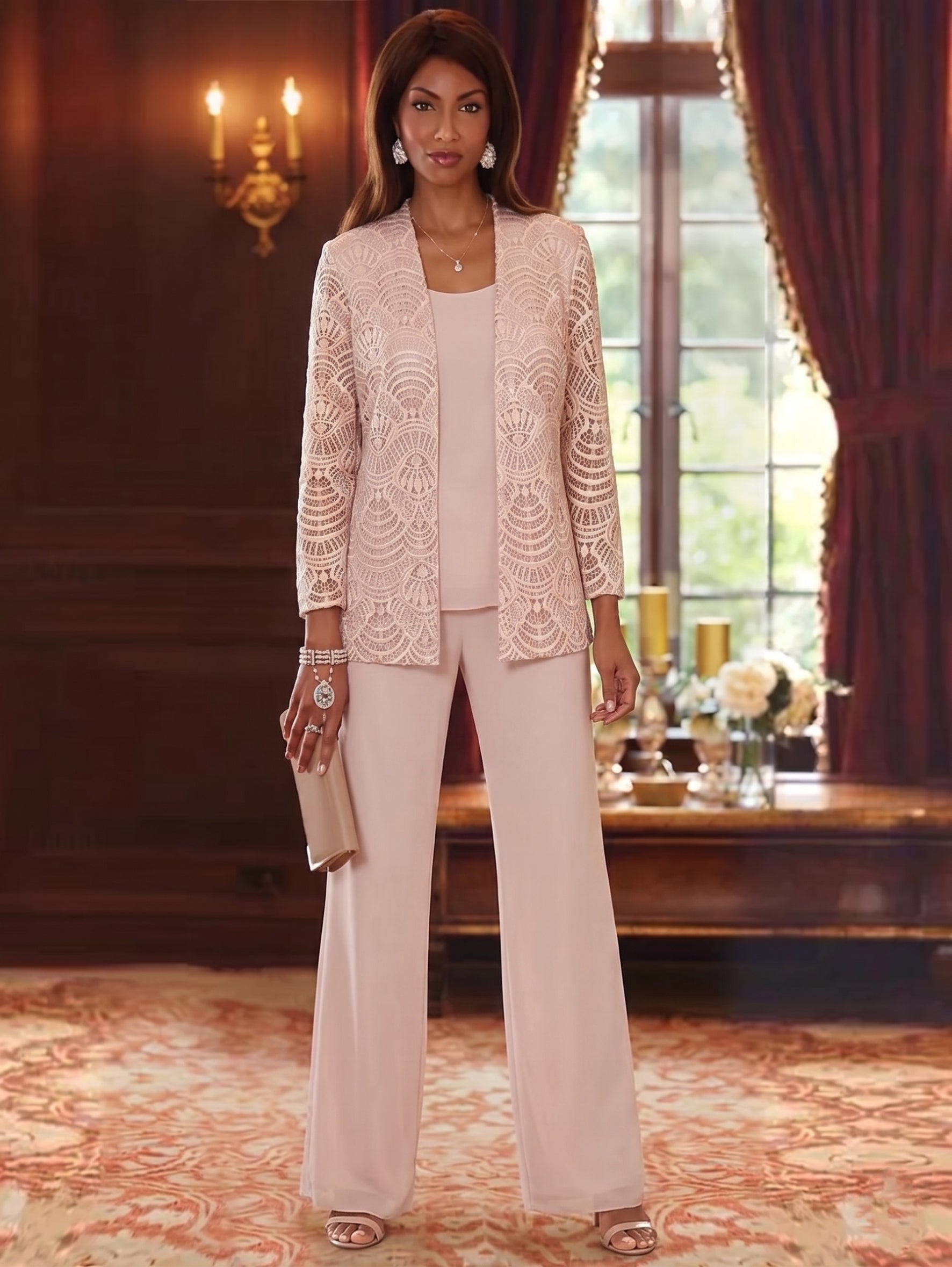 3 Pieces Scoop Chiffon Mother of the Bride Pantsuits with Jacket