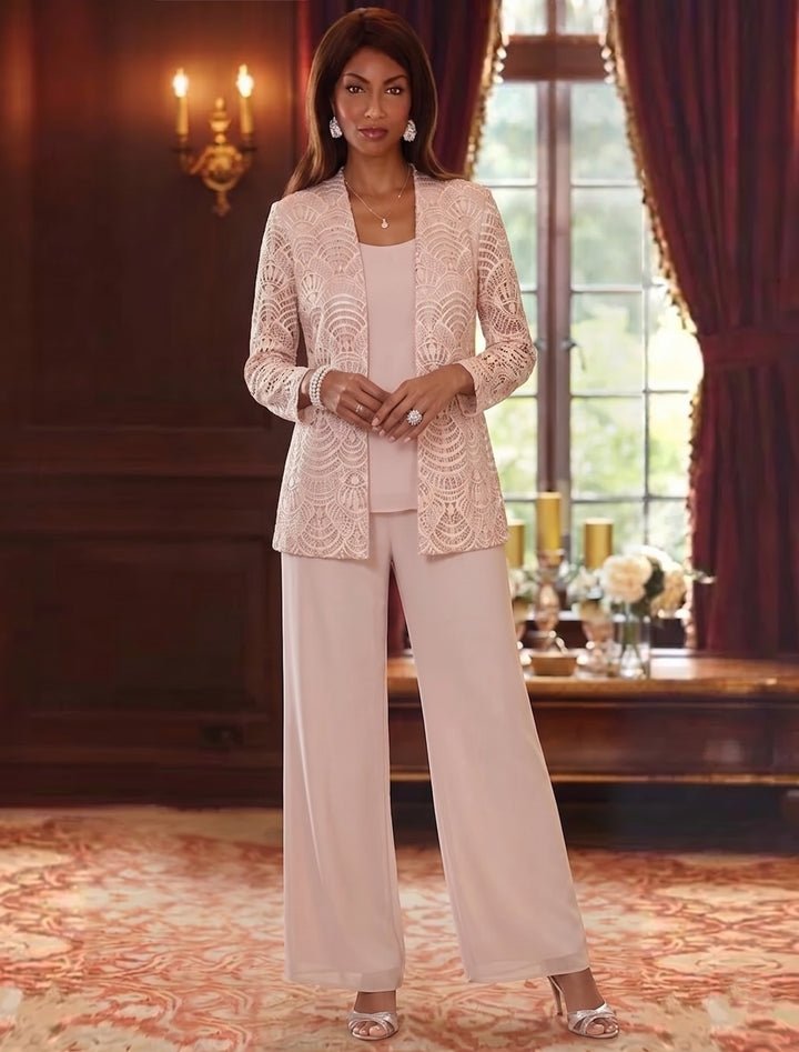 3 Pieces Scoop Chiffon Mother of the Bride Pantsuits with Jacket Lace Ankle-Length Long Sleeves