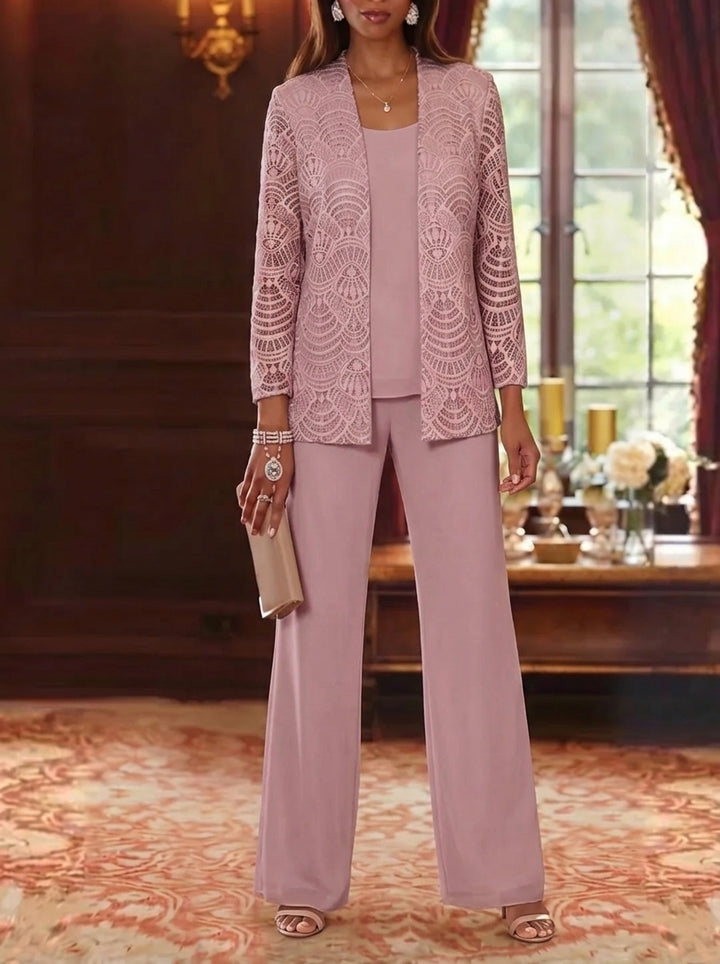 3 Pieces Scoop Chiffon Mother of the Bride Pantsuits with Jacket Lace Ankle-Length Long Sleeves
