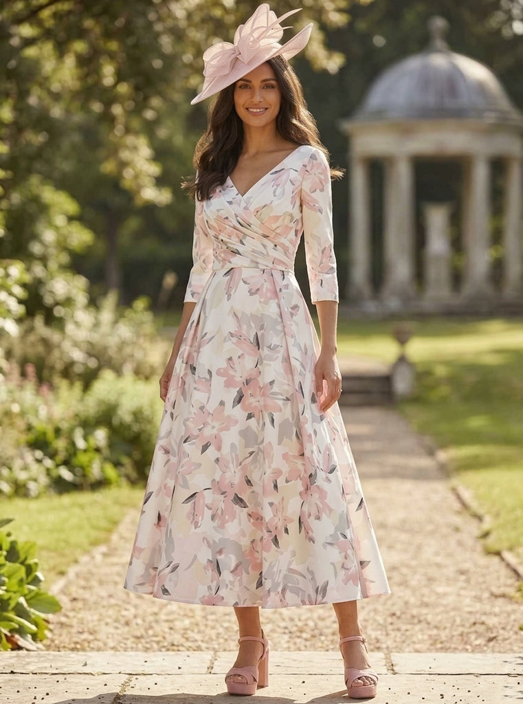 A-Line/Princess V-Neck Satin Mother of the Bride Dresses Floral Tea-Length 3/4 Sleeves Ruched Sky Blue