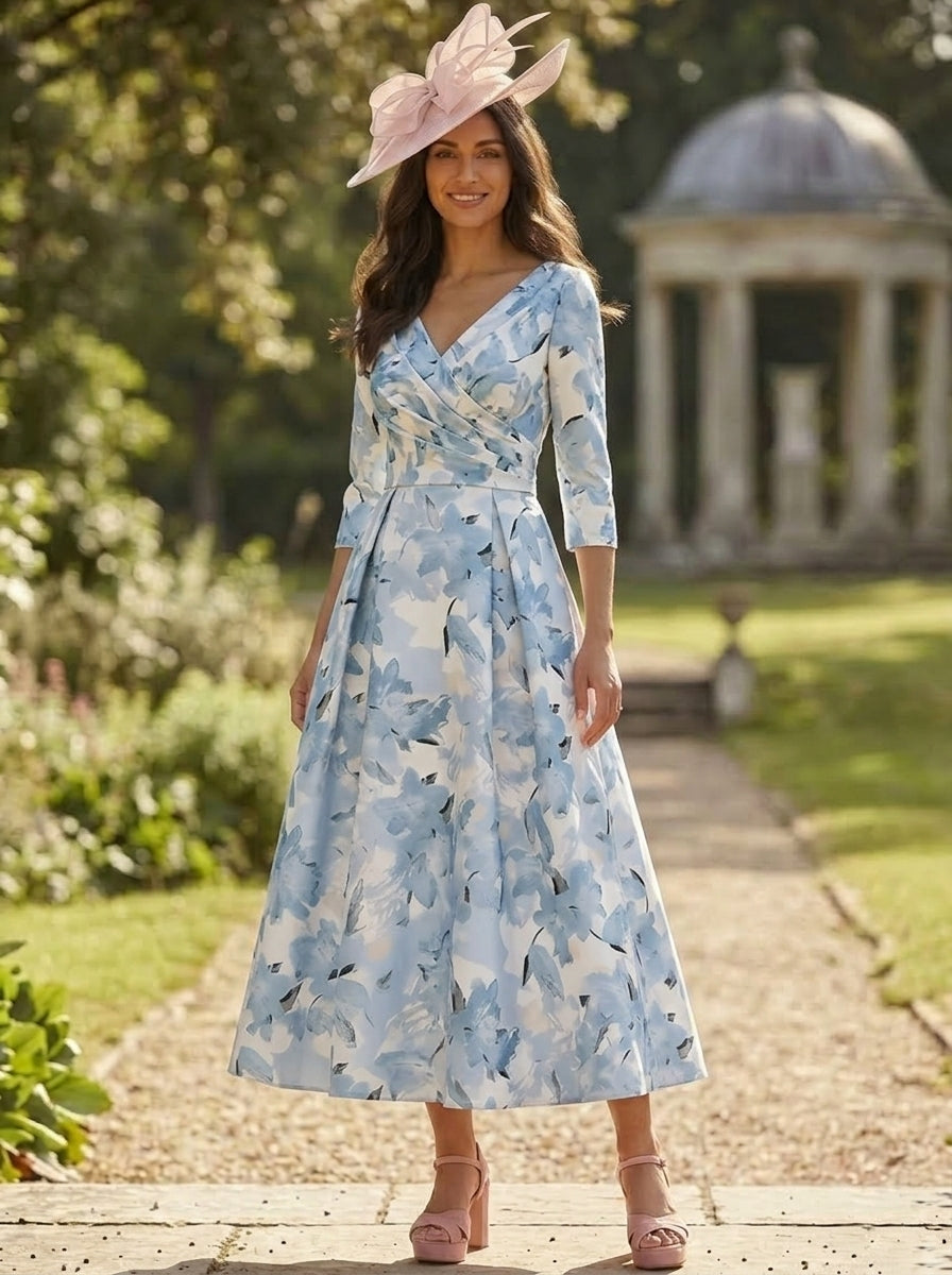 A-Line/Princess V-Neck Satin Mother of the Bride Dresses Floral Tea-Length 3/4 Sleeves Ruched Sky Blue