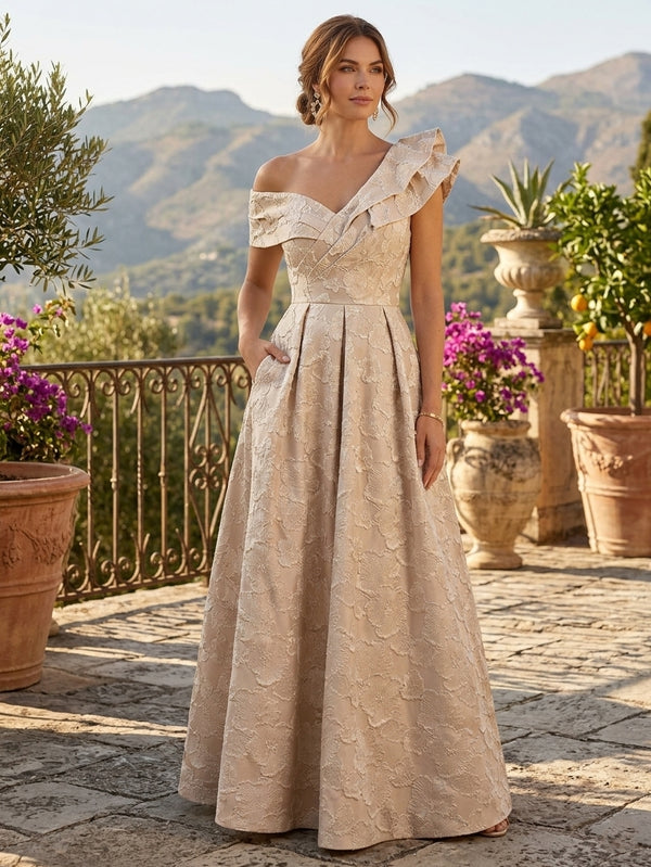 A-Line/Princess One-Shoulder Jacquard Mother of the Bride Dresses Floral Floor-Length Sleeveless Ruffles