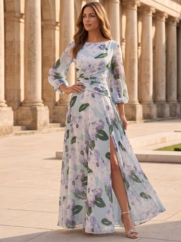 A-Line/Princess Scoop Chiffon Mother of the Bride Dresses with Split Side 3/4 Sleeves Floral Ankle-Length