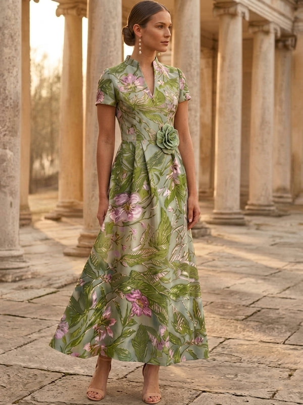 A-Line/Princess V-Neck Satin Mother of the Bride Dresses with 3D Flower Floral Ankle-Length Short Sleeves