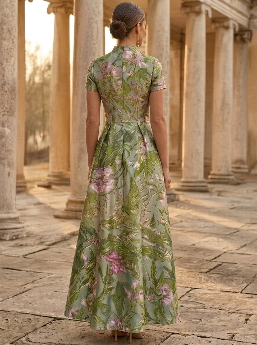 A-Line/Princess V-Neck Satin Mother of the Bride Dresses with 3D Flower Floral Ankle-Length Short Sleeves