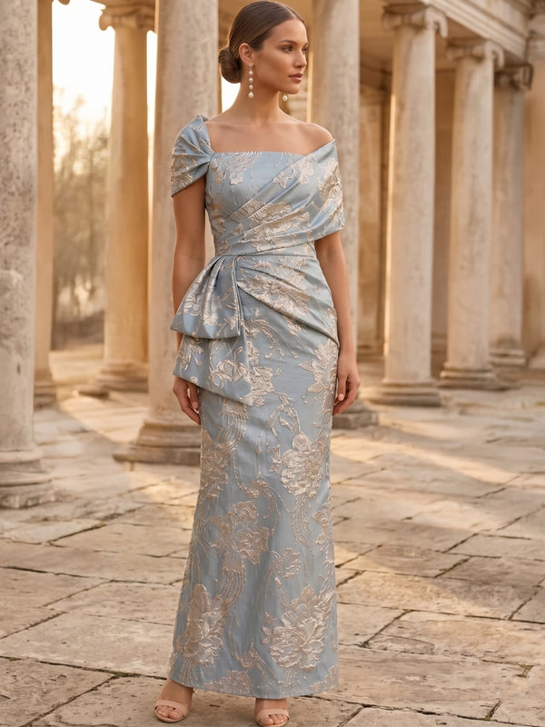 Sheath/Column Square Collar Jacquard Mother of the Bride Dresses Ruched Ankle-Length Floral Short Sleeves