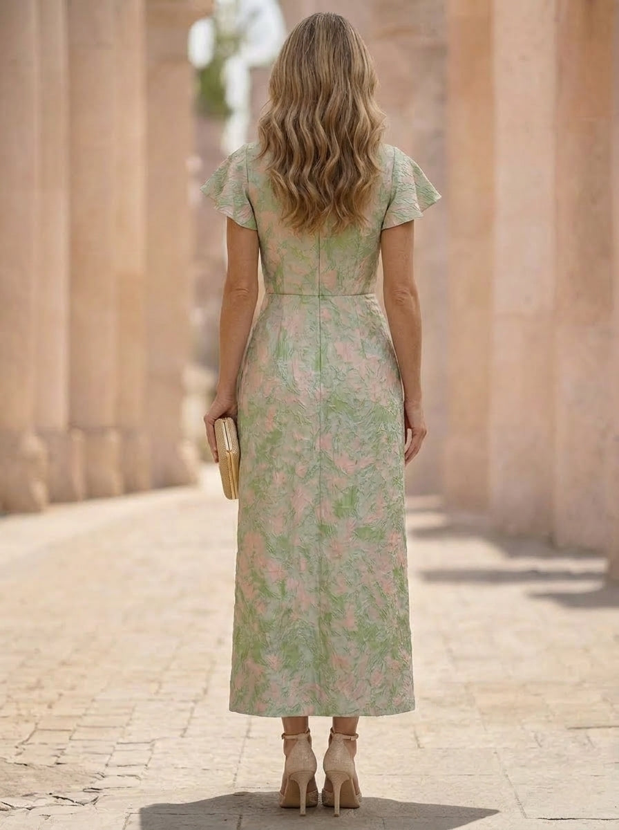 Sheath/Column Scoop Jacquard Mother of the Bride Dresses Ankle-Length Puff Sleeves Ruffles Sheath/Column Scoop Jacquard Mother of the Bride Dresses Ankle-Length Puff Sleeves Ruffles