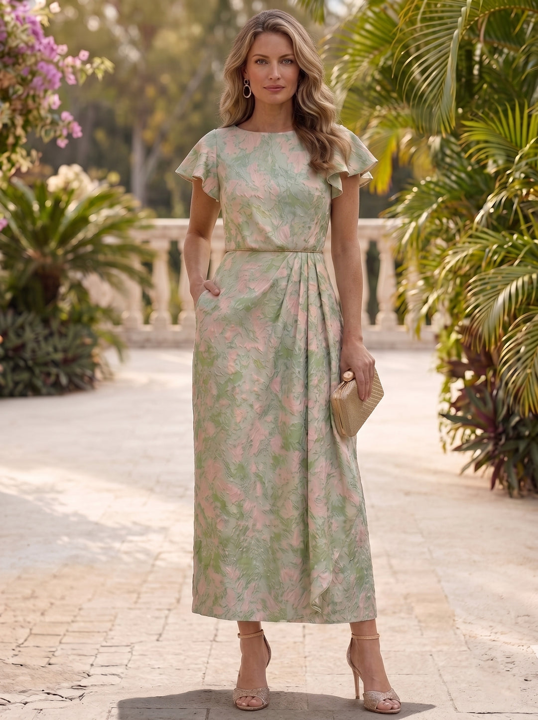 Sheath/Column Scoop Jacquard Mother of the Bride Dresses Ankle-Length Puff Sleeves Ruffles