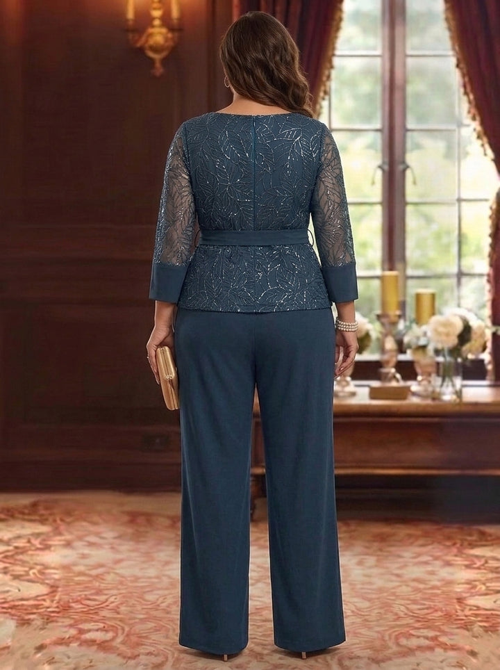 2 Pieces Boat Neck Chiffon Plus Size Mother of the Bride Pantsuits 3/4 Sleeves Floor-Length Belt Lace Sequin