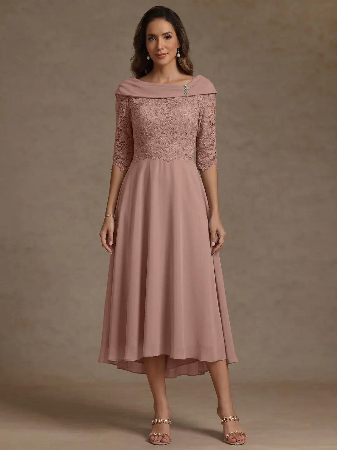 A-Line/Princess Boat Neck Chiffon Mother of the Bride Dresses Half Sleeves Lace High-Low Tea-Length