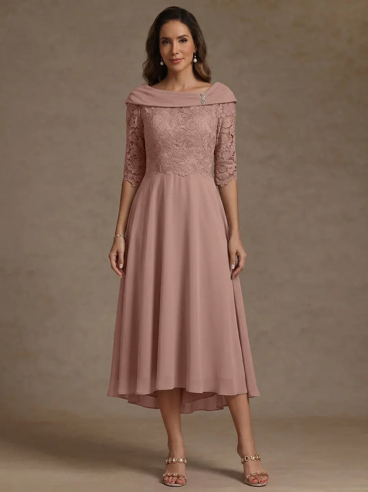 A-Line/Princess Boat Neck Chiffon Mother of the Bride Dresses Half Sleeves Lace High-Low Tea-Length