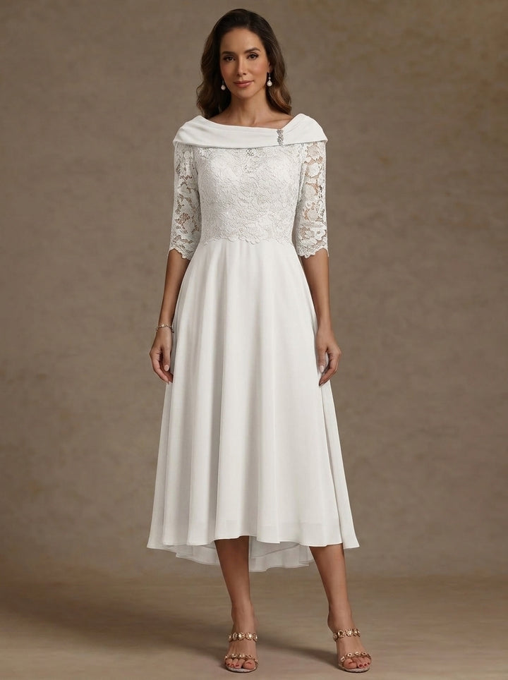 A-Line/Princess Boat Neck Chiffon Mother of the Bride Dresses Half Sleeves Lace High-Low Tea-Length