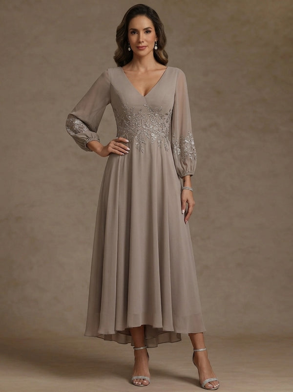 A-Line/Princess V-Neck Chiffon Mother of the Bride Dresses 3/4 Sleeves Lace Floral Asymmetrical Tea-Length