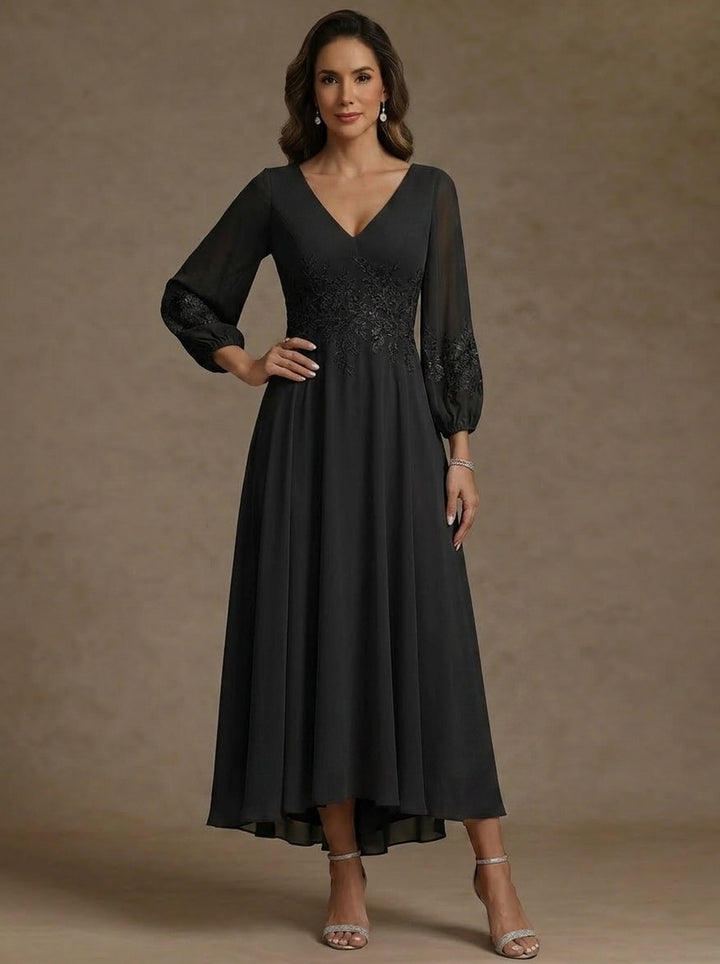 A-Line/Princess V-Neck Chiffon Mother of the Bride Dresses 3/4 Sleeves Lace Floral Asymmetrical Tea-Length