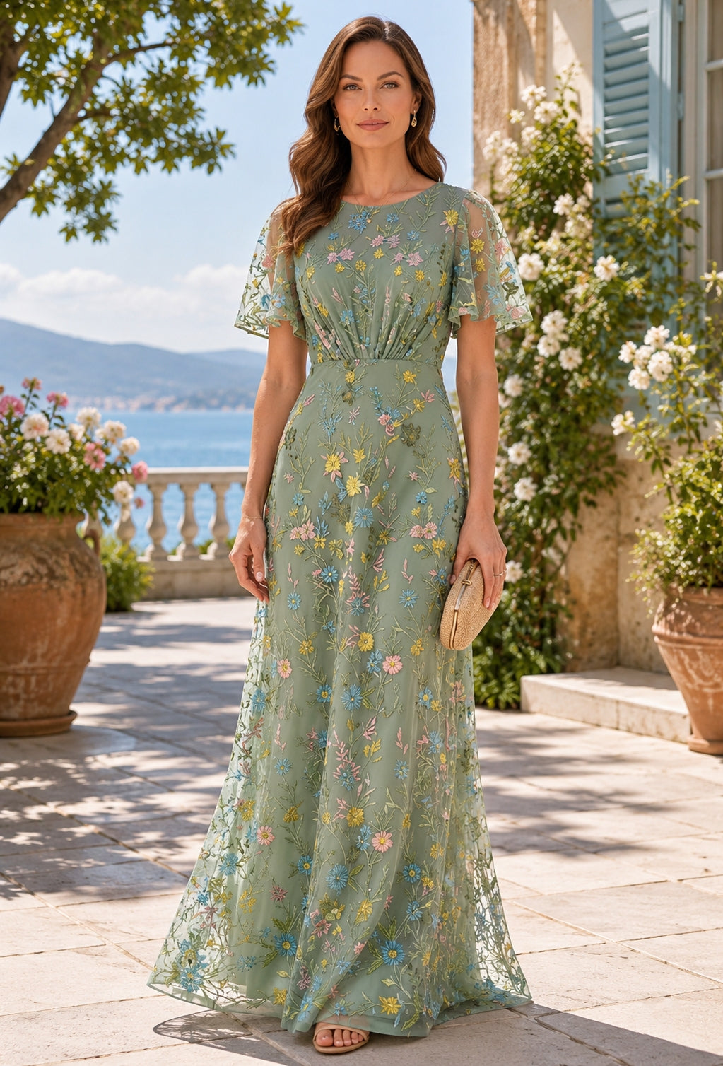 A-Line/Princess Scoop Lace Embroidery Mother of the Bride Dresses Floor-Length Short Sleeves Floral