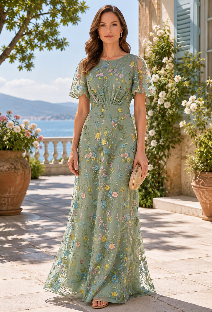 A-Line/Princess Scoop Lace Embroidery Mother of the Bride Dresses Floor-Length Short Sleeves Floral