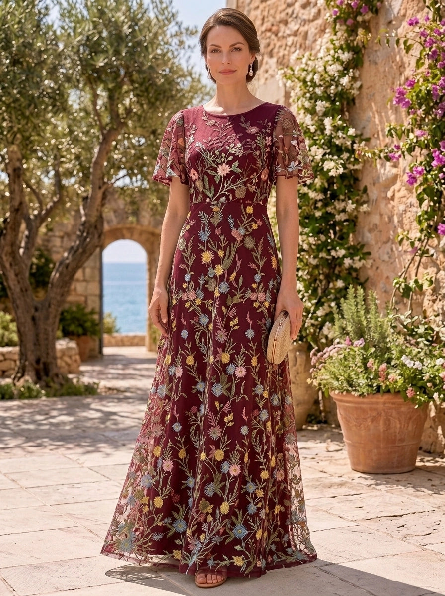 A-Line/Princess Scoop Lace Embroidery Mother of the Bride Dresses Floor-Length Short Sleeves Floral