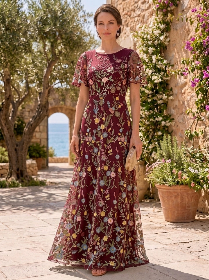 A-Line/Princess Scoop Lace Embroidery Mother of the Bride Dresses Floor-Length Short Sleeves Floral