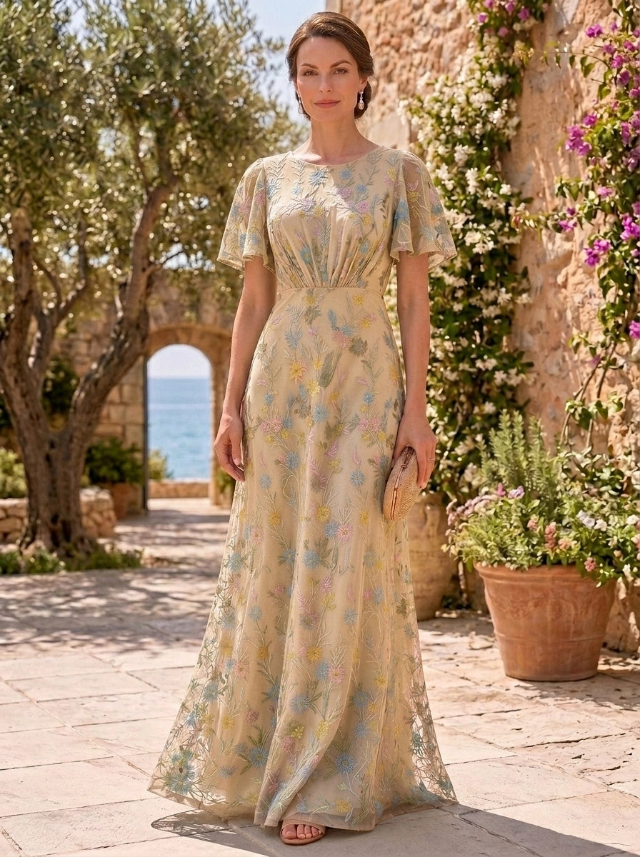 A-Line/Princess Scoop Lace Embroidery Mother of the Bride Dresses Floor-Length Short Sleeves Floral