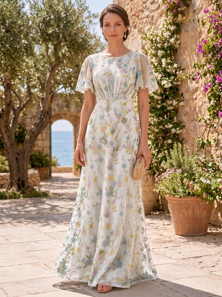 A-Line/Princess Scoop Lace Embroidery Mother of the Bride Dresses Floor-Length Short Sleeves Floral