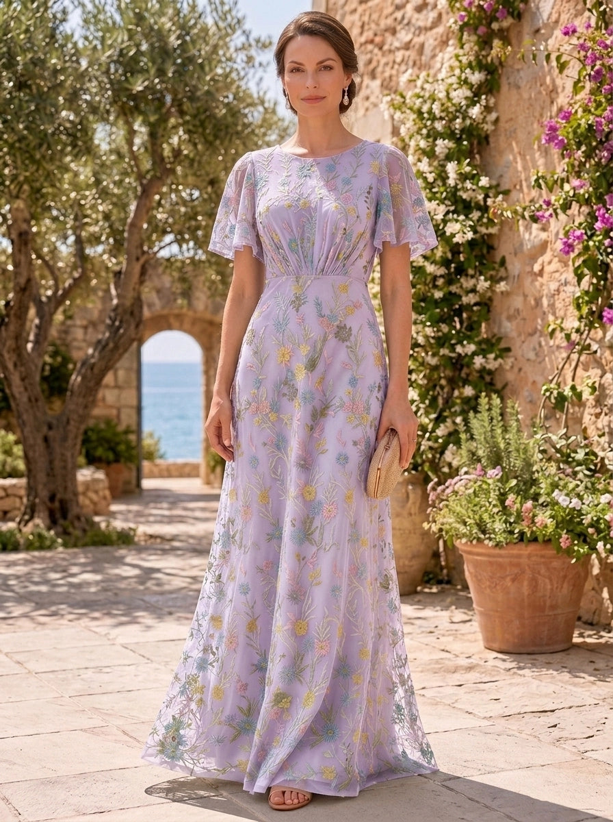 A-Line/Princess Scoop Lace Embroidery Mother of the Bride Dresses Floor-Length Short Sleeves Floral