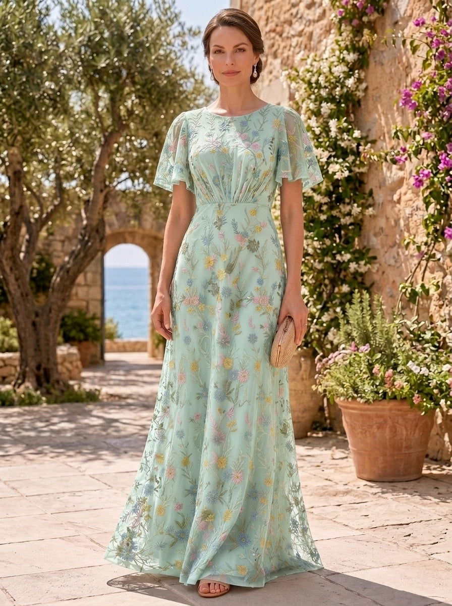 A-Line/Princess Scoop Lace Embroidery Mother of the Bride Dresses Floor-Length Short Sleeves Floral