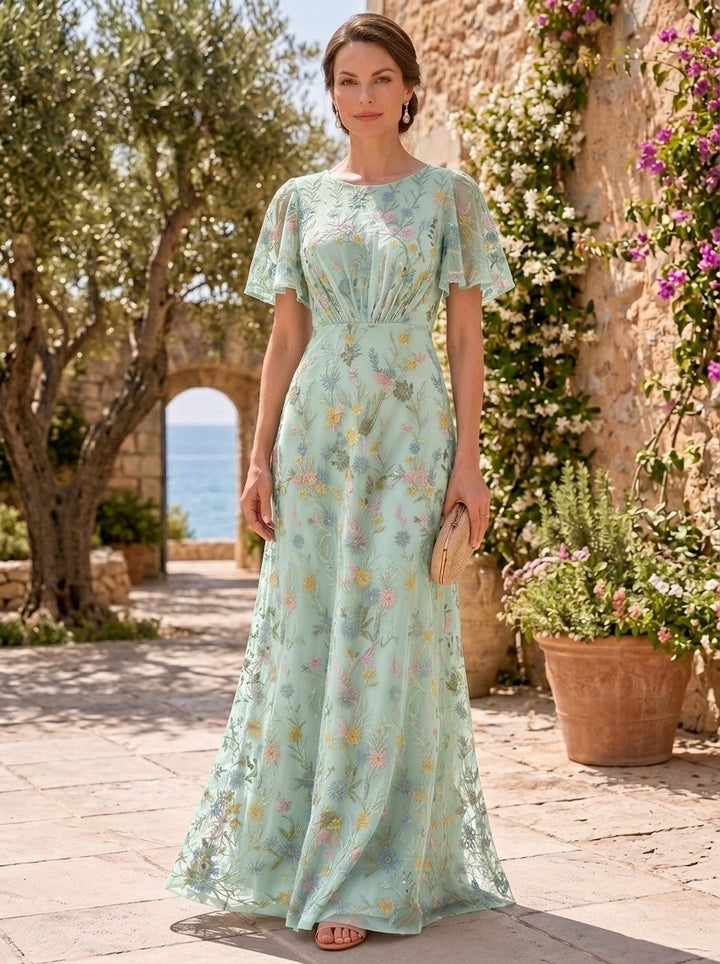 A-Line/Princess Scoop Lace Embroidery Mother of the Bride Dresses Floor-Length Short Sleeves Floral