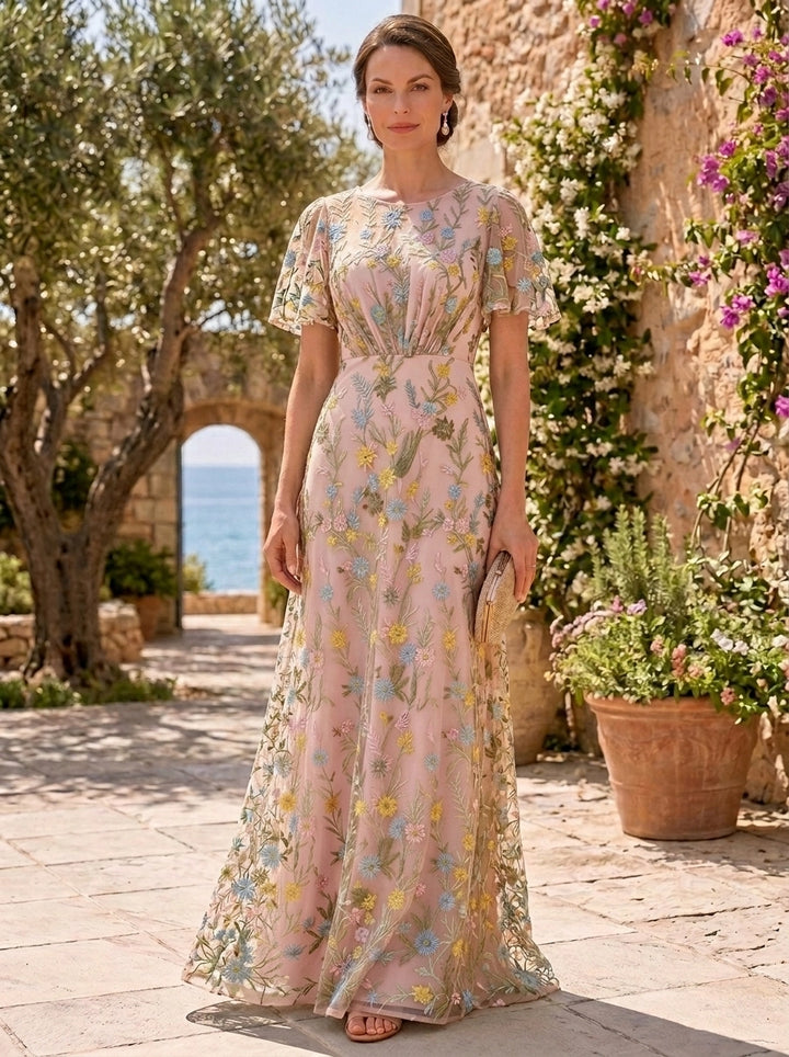 A-Line/Princess Scoop Lace Embroidery Mother of the Bride Dresses Floor-Length Short Sleeves Floral