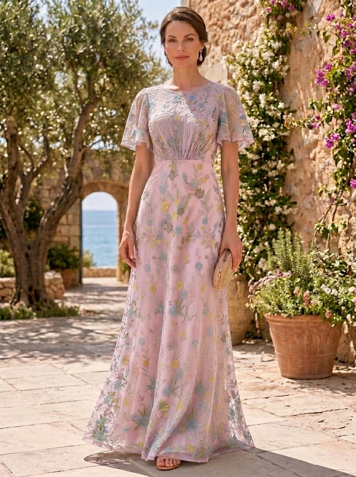A-Line/Princess Scoop Lace Embroidery Mother of the Bride Dresses Floor-Length Short Sleeves Floral