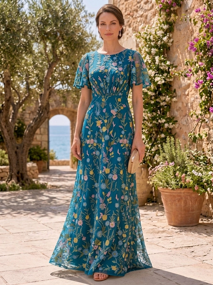 A-Line/Princess Scoop Lace Embroidery Mother of the Bride Dresses Floor-Length Short Sleeves Floral