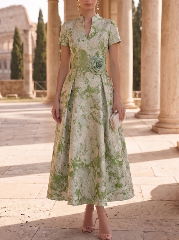 A-Line/Princess V-Neck Jacquard Mother of the Bride Dresses with 3D Flower Ankle-Length Floral Short Sleeves