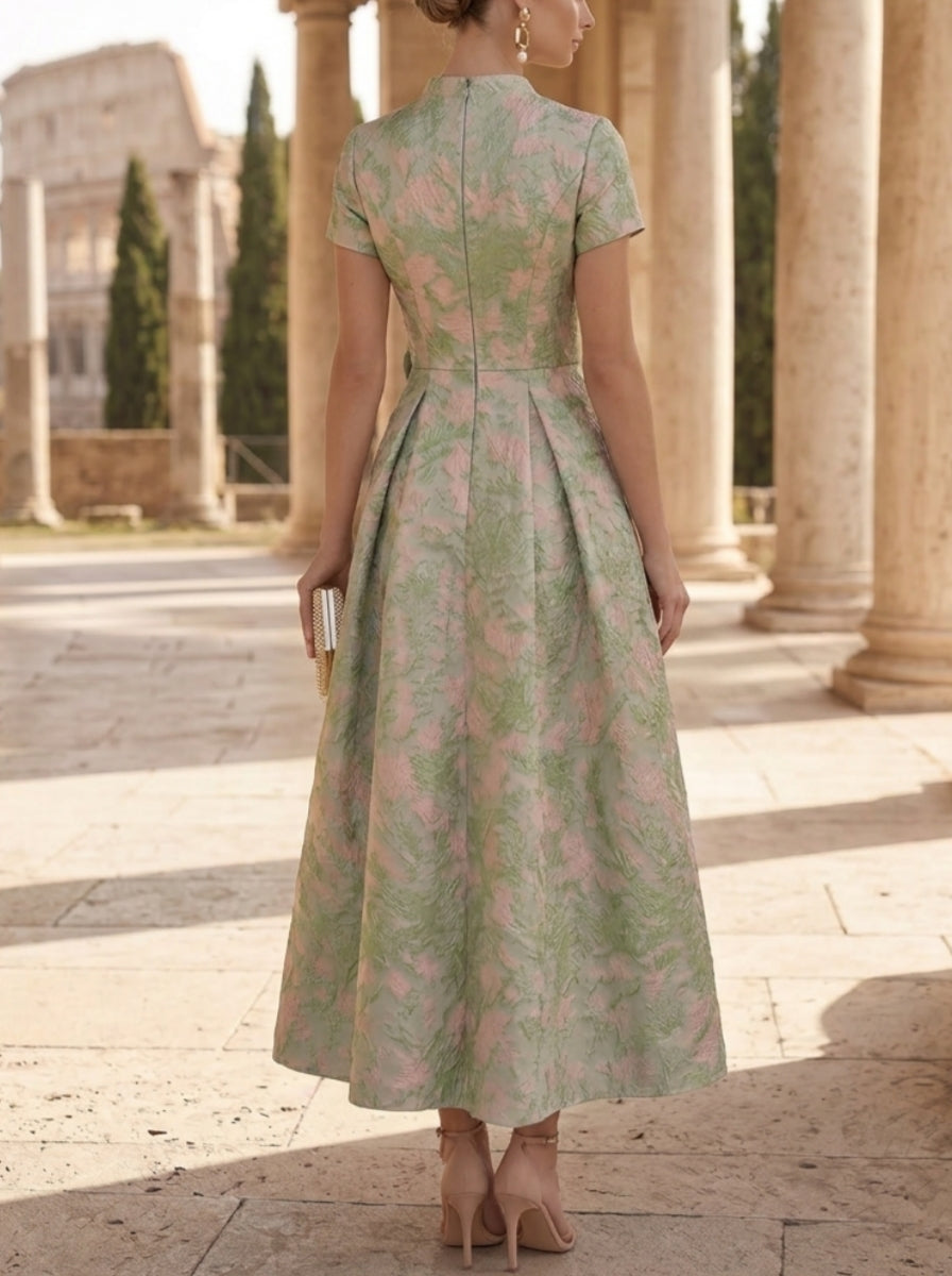 A-Line/Princess V-Neck Jacquard Mother of the Bride Dresses with 3D Flower Ankle-Length Floral Short Sleeves